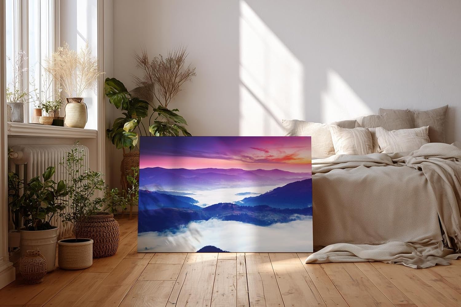 Sinus Art Wandbild 120x80cm Stimmungsvolle Bergsilhouette mit Nebelmeer im Tal und farbenprächtigem Himmel