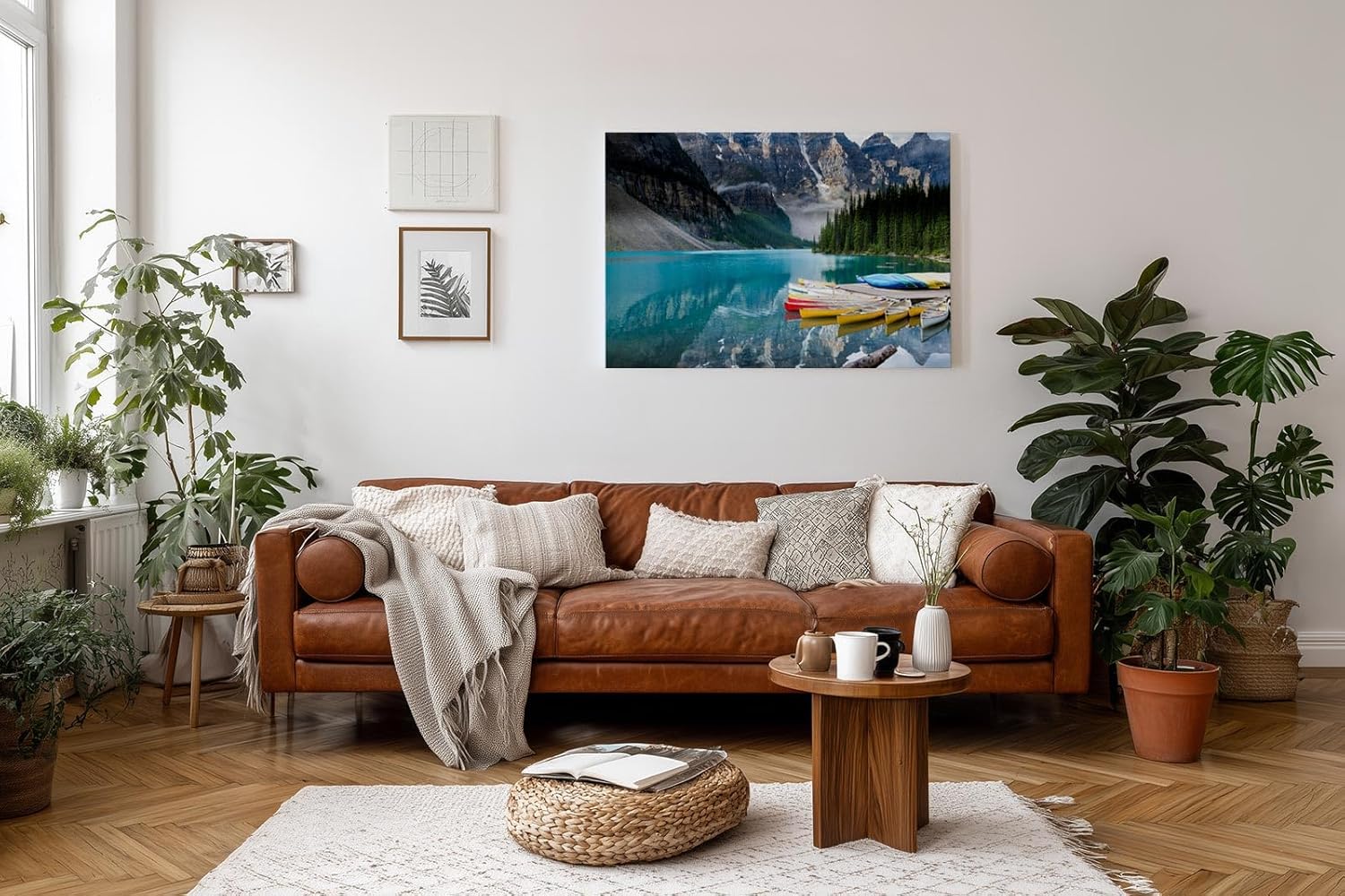 Sinus Art Wandbild 120x80cm Bergsee mit Kanus vor atemberaubender Bergkulisse für inspirierende Raumwirkung