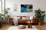Sinus Art Wandbild 120x80cm Bergsee mit Kanus vor atemberaubender Bergkulisse für inspirierende Raumwirkung