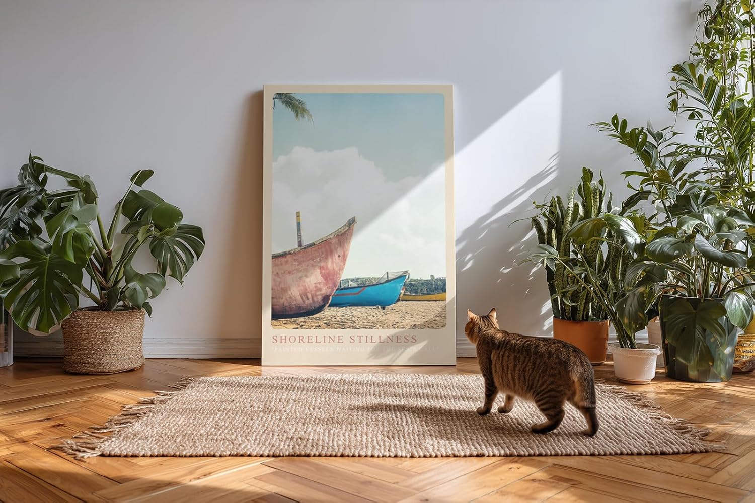 Paul Sinus Kunstdruck 40x60cm Shoreline Stillness ruhige Boote am Sandstrand mit pastelligem Himmel und maritimer Gelassenheit