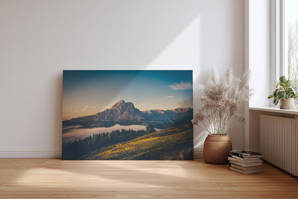 Sinus Art Wandbild 120x80cm Alpenmassiv im goldenen Licht des Sonnenaufgangs über grünen Hügeln