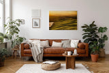 Sinus Art Wandbild 120x80cm Wellenartige Hügel im goldenen Licht der untergehenden Sonne mit weitem Horizont