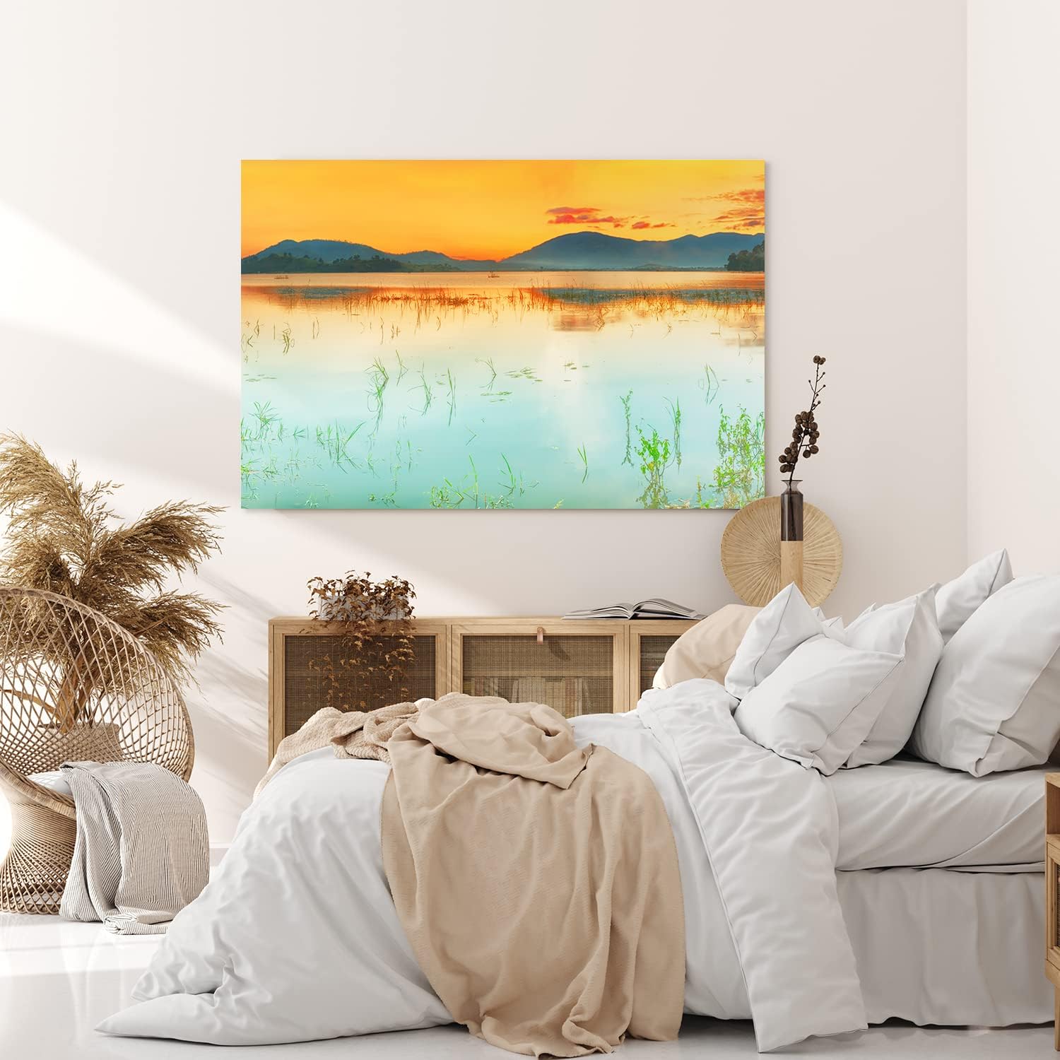 Paul Sinus Wandbild 120x80cm Sonnendämmerung Berge Abendröte See Natur roter Himmel