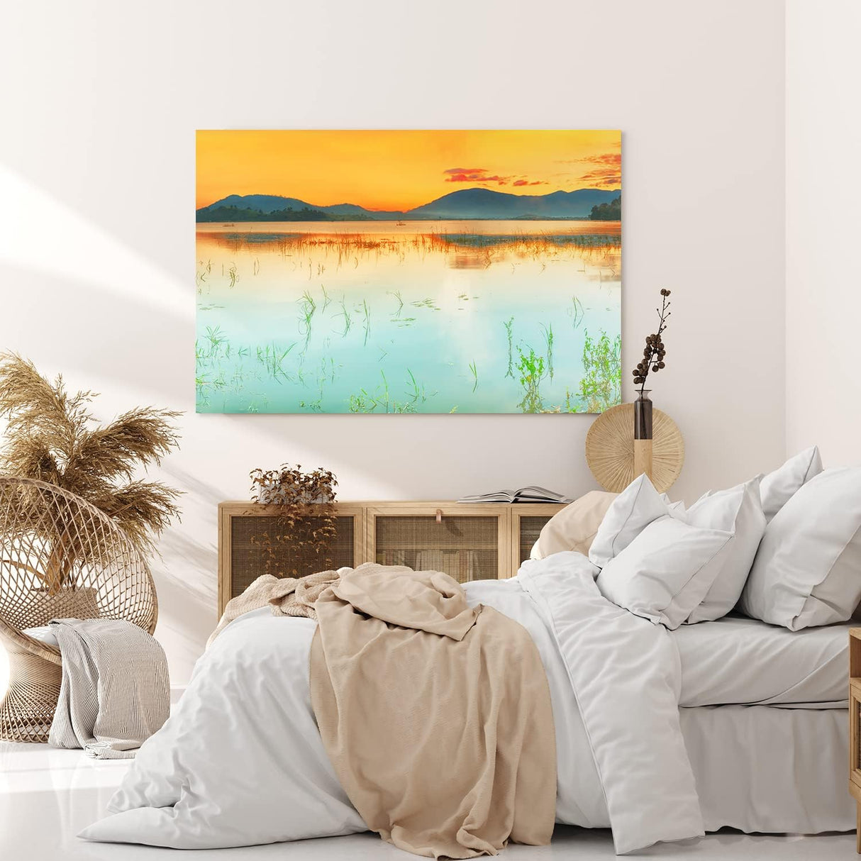 Paul Sinus Wandbild 120x80cm Sonnendämmerung Berge Abendröte See Natur roter Himmel