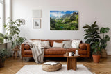 Sinus Art Wandbild 120x80cm Atemberaubendes Hochgebirgspanorama mit grünen Hängen und türkisfarbenem Bergsee im Tal