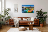 Sinus Art Wandbild 120x80cm Farbkräftige Boote auf spiegelndem Wasser mit Wald und Bergen im Hintergrund
