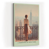 Paul Sinus Wandbild in 40x60cm A Morning in New York – Frau auf Balkon mit Blick auf Empire State Building, stimmungsvolles Stadtmotiv im Morgenlicht