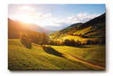 Sinus Art Wandbild 120x80cm Grüne Hügel unter strahlender Sonne mit leuchtenden Bäumen und weiter Perspektive