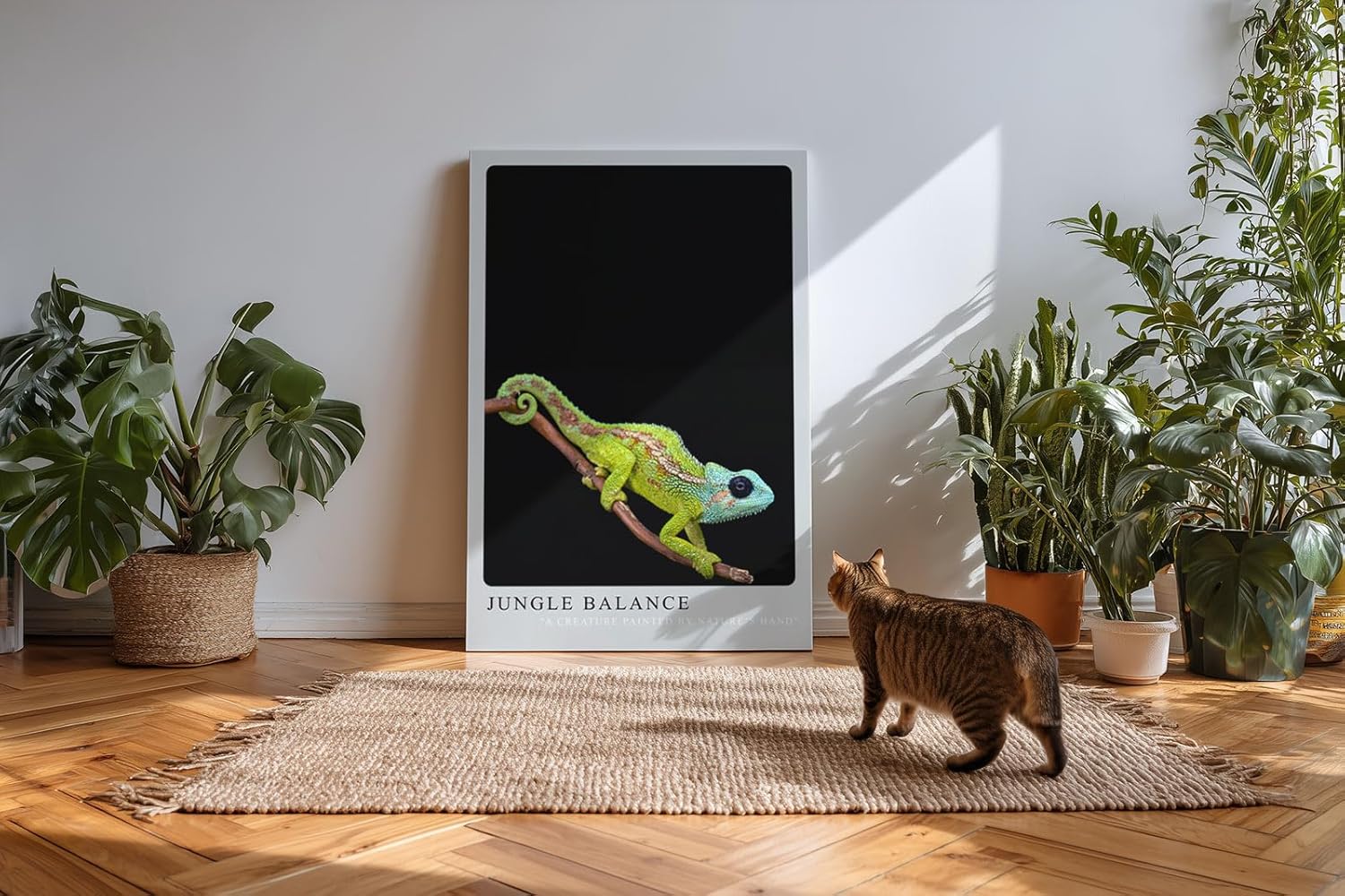 Paul Sinus Kunstdruck 40x60cm Jungle Balance mit Chamäleon auf Ast vor schwarzem Hintergrund