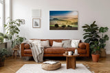Sinus Art Wandbild 120x80cm Sanfte Hügel mit Olivenbäumen und Zypressen im Dunst des Sonnenaufgangs