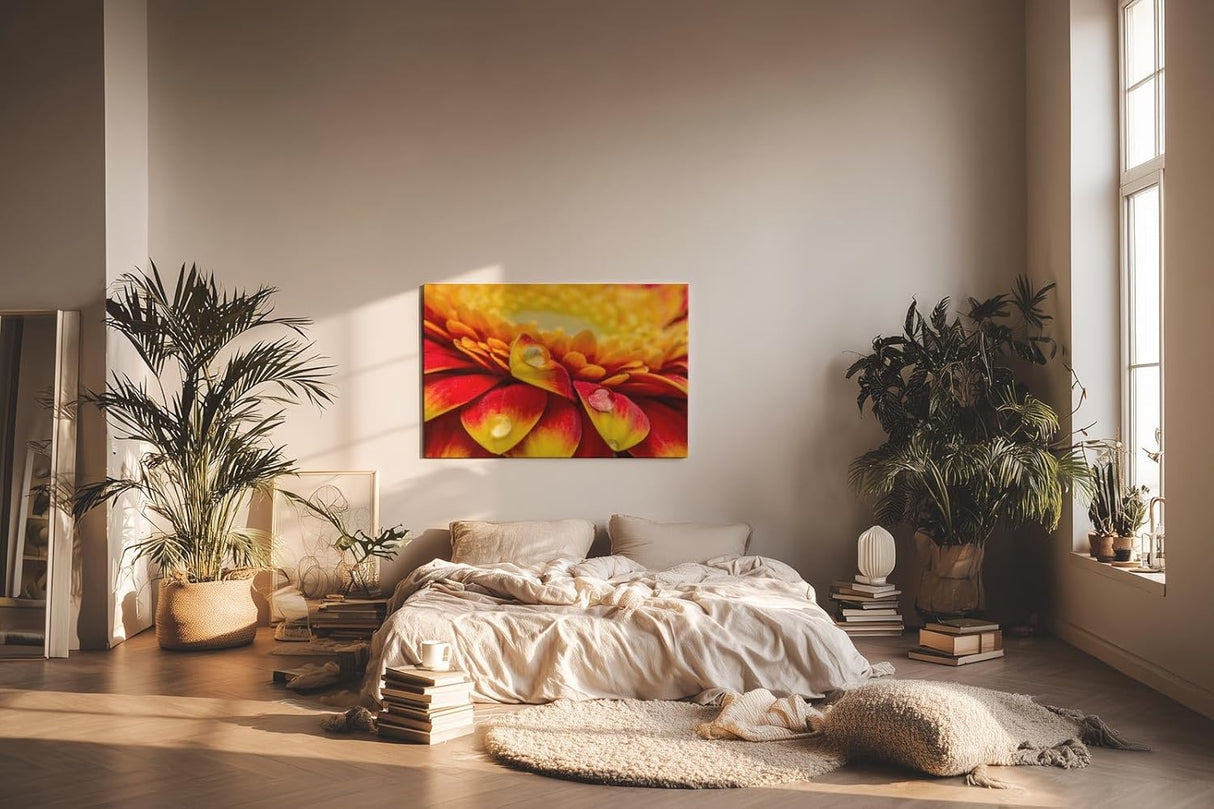 Sinus Art Wandbild 120x80cm Rote und gelbe Gerbera-Blüte mit Wassertropfen – ausdrucksstark, frisch und kraftvoll