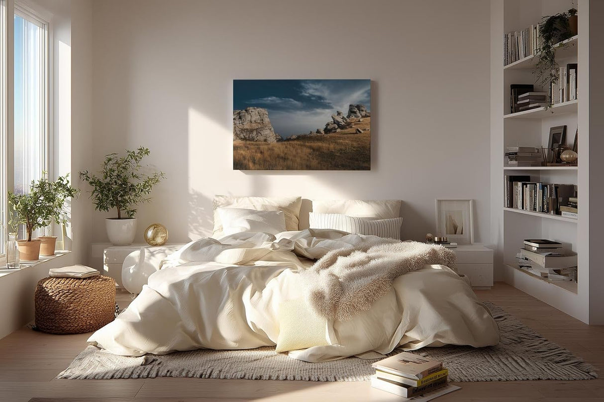 Sinus Art Wandbild 120x80cm Markante Felsformationen unter blauem Himmel in dramatischer Weite