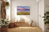 Sinus Art Wandbild 120x80cm Morgennebel über farbiger Wildblumenwiese – ideal für naturverbundene Raumgestaltung
