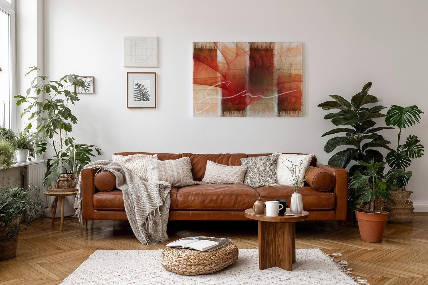 Sinus Art Wandbild 120x80cm Strahlenförmige Elemente in Rot und Weiß mit dynamischer Linie auf gemustertem Hintergrund