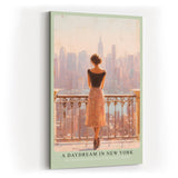 Paul Sinus Wandbild in 40x60cm A Daydream in New York – Frau auf Balkon mit Blick auf Skyline im sanften Licht, romantisches Stadtmotiv