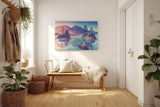 Sinus Art Wandbild 120x80cm Bergsee mit kleinen Inseln und sanfter Lichtstimmung – romantisch und naturverbunden
