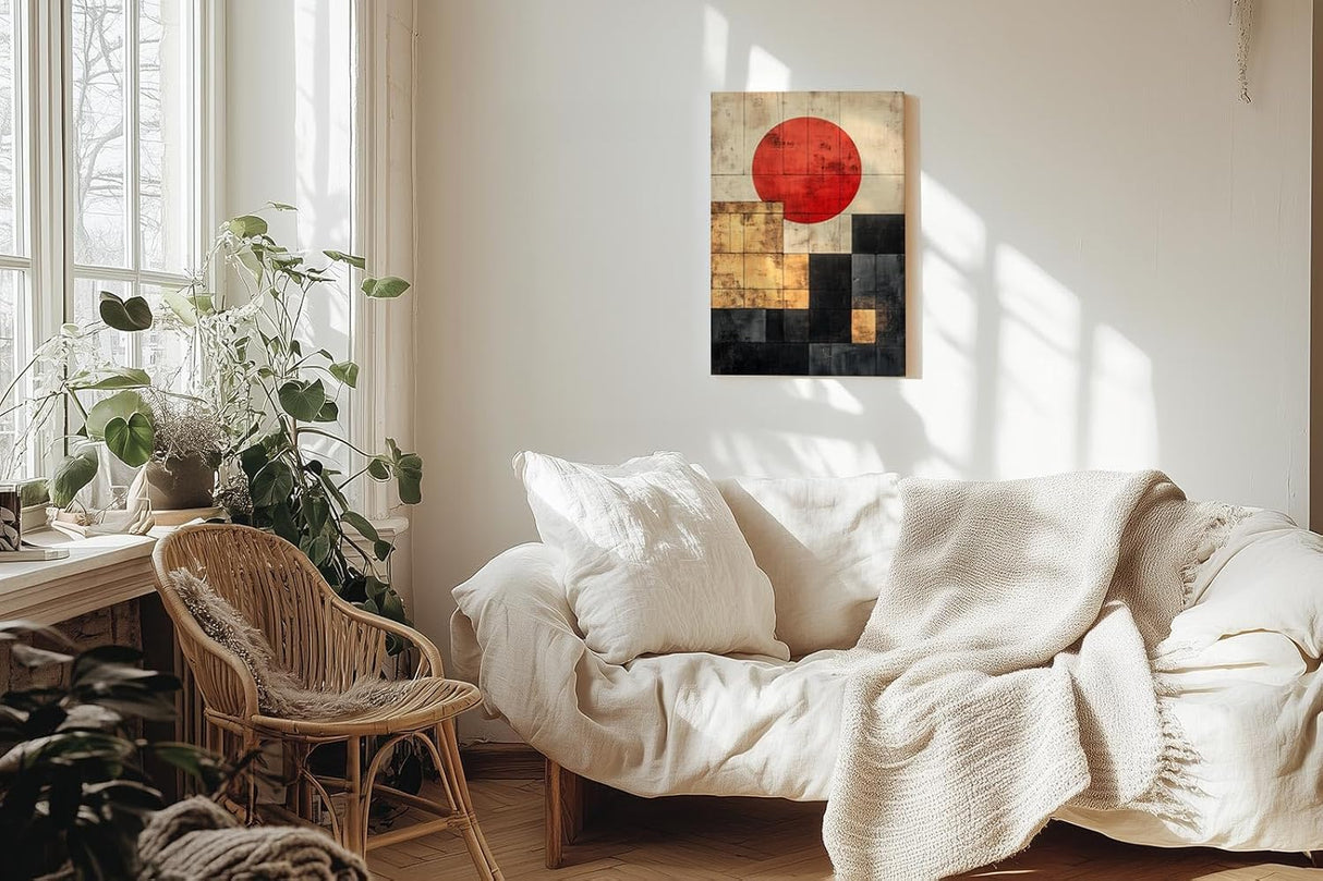 Paul Sinus 60x90cm Wandbild Kraftvolle Geometrie – Abstraktes Fokuskunstwerk mit roter Sonne und klaren Formen