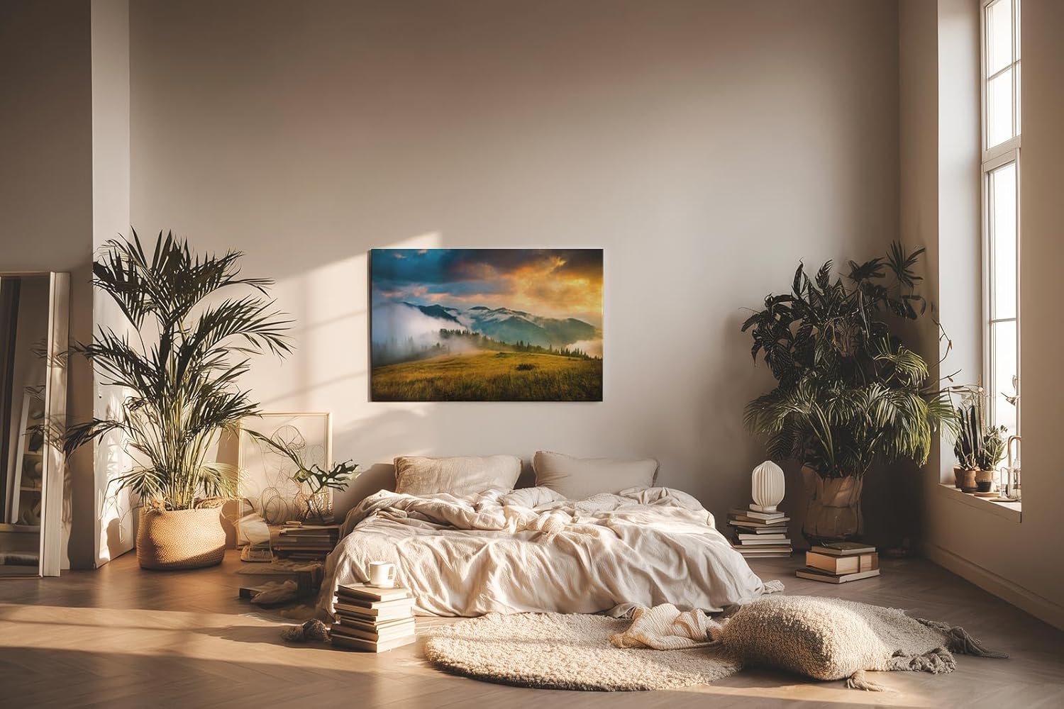 Sinus Art Wandbild 120x80cm Faszinierende Gebirgsszene im Nebel mit dramatischem Sonnenlicht für eindrucksvolle Raumwirkung