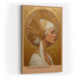 Paul Sinus Wandbild in 40x60cm Divine Femininity elegantes Porträt einer Frau in weiß-goldener Kopfbedeckung vor goldener Strahlenkrone