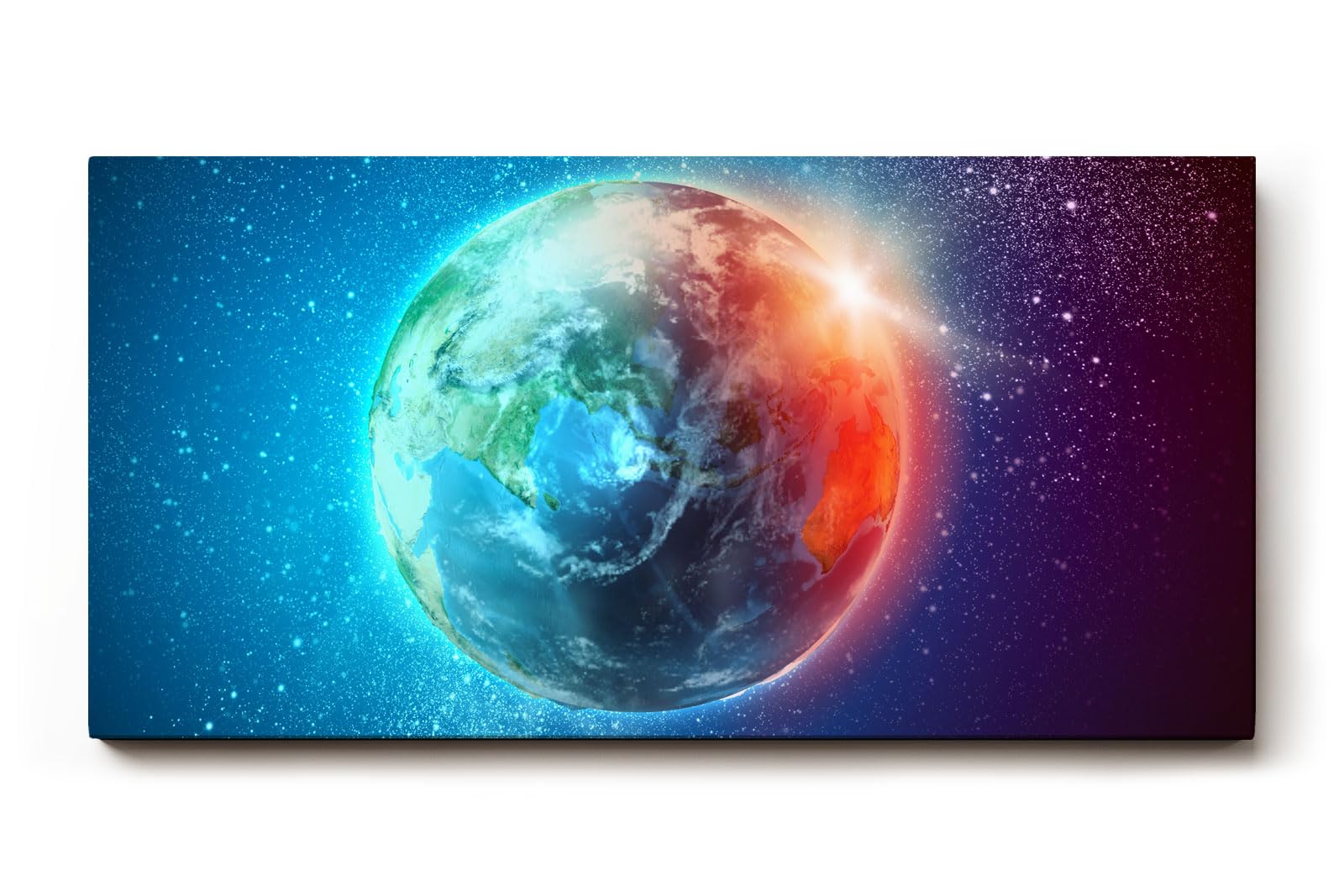 Sinus Art Wandbild 120x80cm Leuchtender Erdball vor funkelndem Sternenhimmel mit realistischer Tiefe