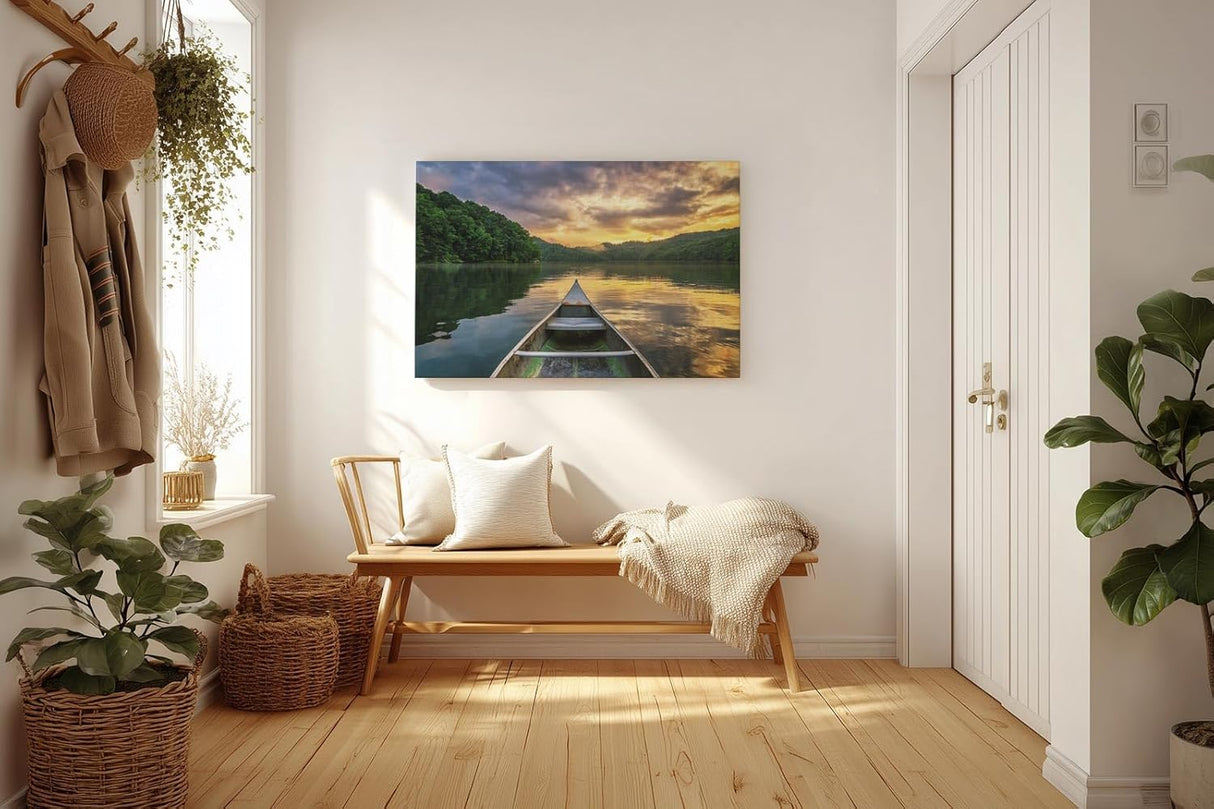 Sinus Art Wandbild 120x80cm Blick vom Boot auf stillen See im Abendlicht – meditativ, klar und inspirierend