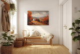 Sinus Art Wandbild 120x80cm Malerisches Motiv mit Hügeln, buntem Laub, weißem Haus und weitem Blick in herbstlicher Stimmung
