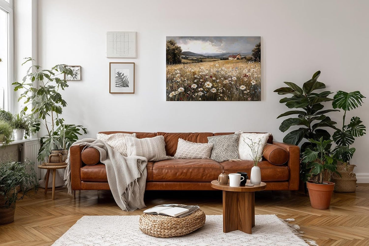 Sinus Art Wandbild 120x80cm Sanftes Naturmotiv mit blühender Wiese, Wildblumen und Bauernhof in weiter Hügellandschaft