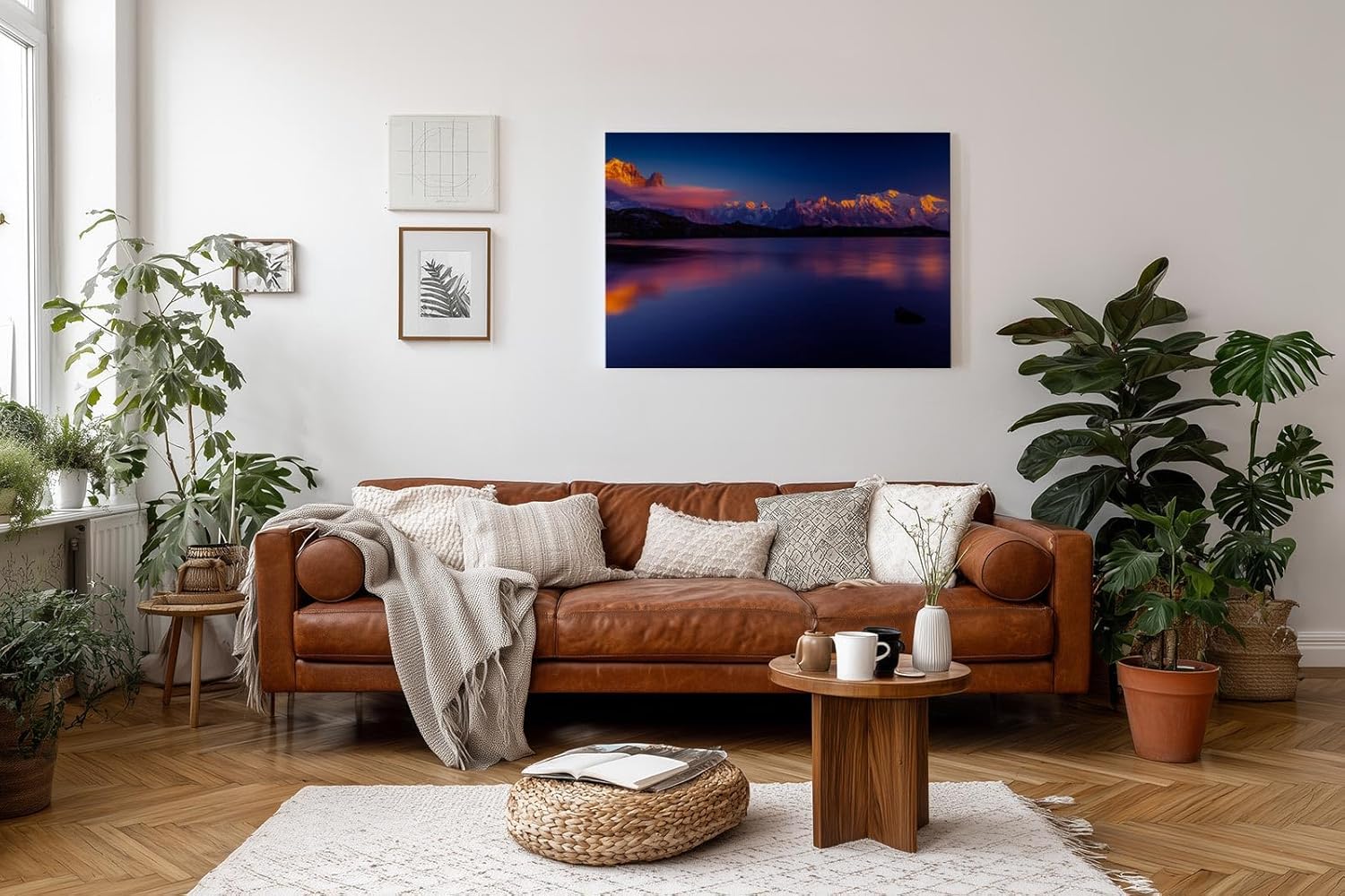 Sinus Art Wandbild 120x80cm Spektakuläre Alpenkulisse mit reflektierendem Wasser und leuchtenden Bergspitzen