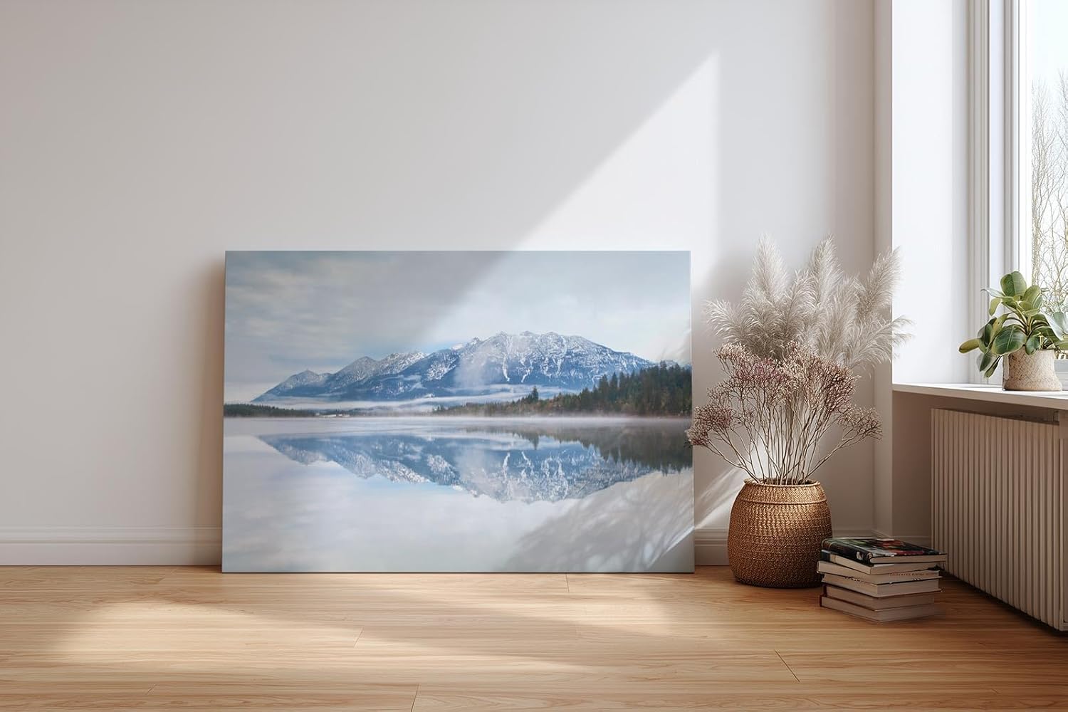 Sinus Art Wandbild 120x80cm Ruhige Alpenlandschaft mit schneebedeckten Bergen und klarer Wasserfläche