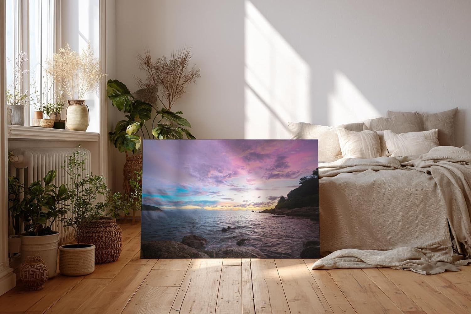 Sinus Art Wandbild 120x80cm Dramatisch ruhige Szene einer felsigen Küste bei Sonnenuntergang in pastelligen Tönen