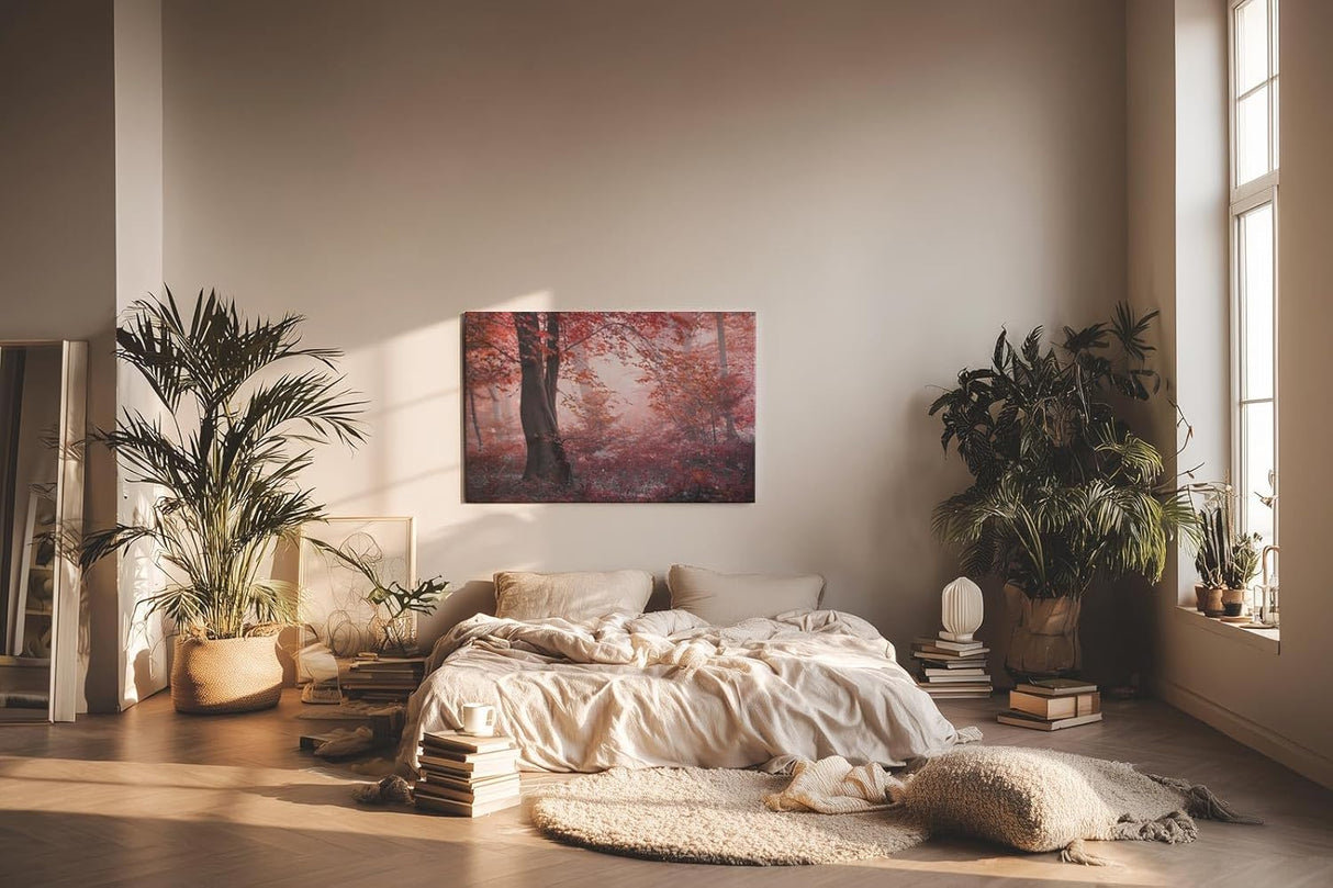 Sinus Art Wandbild 120x80cm Roter Herbstwald mit dichter Vegetation und nebligem Licht – geheimnisvoll und bezaubernd