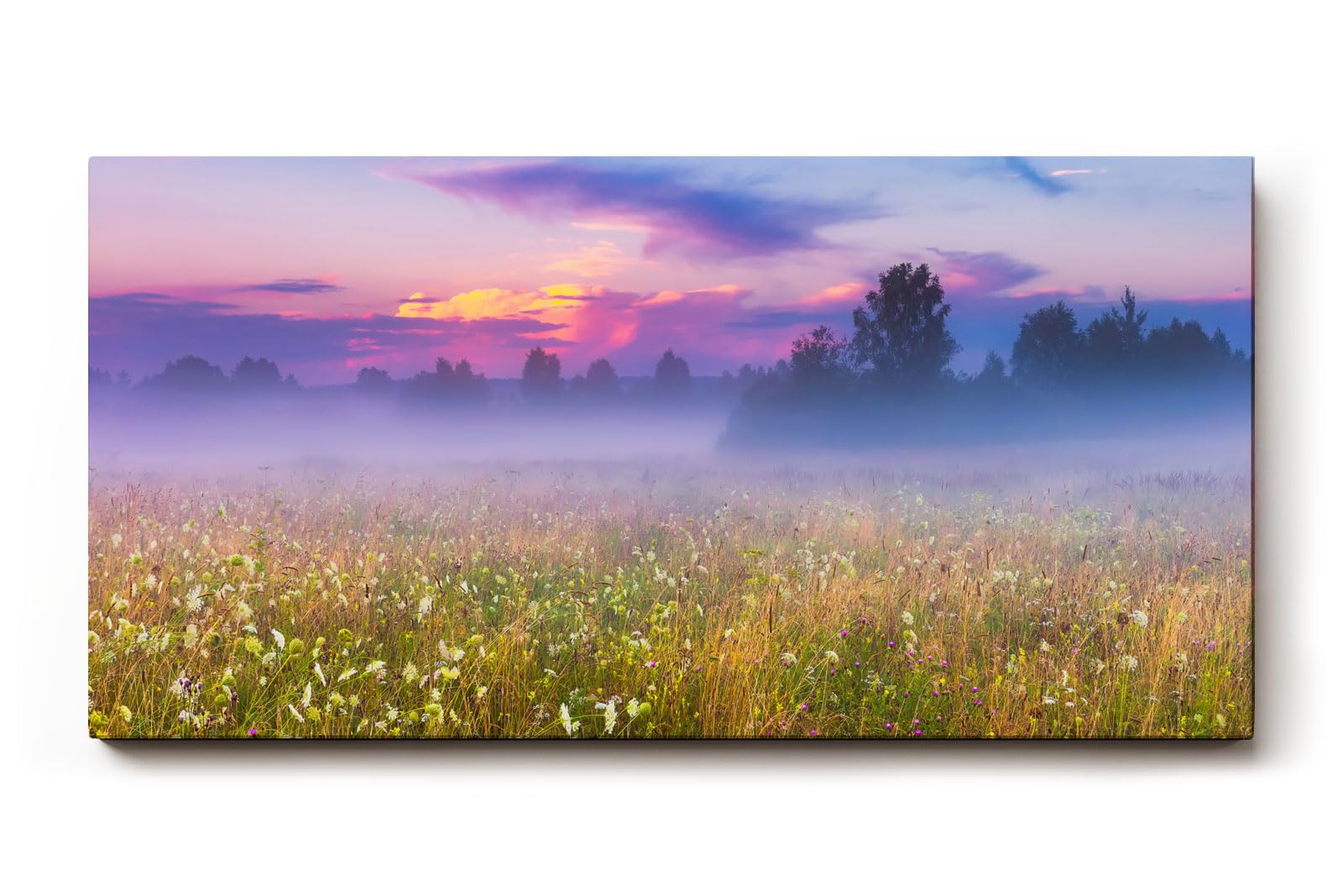 Sinus Art Wandbild 120x80cm Morgennebel über farbiger Wildblumenwiese – ideal für naturverbundene Raumgestaltung