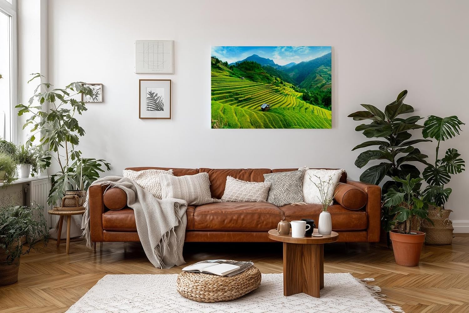 Sinus Art Wandbild 120x80cm Gestufte Reisterrassen in leuchtendem Grün vor Bergkulisse und weitem Himmel