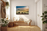 Sinus Art Wandbild 120x80cm Sanfte Hügel mit Olivenbäumen und Zypressen im Dunst des Sonnenaufgangs