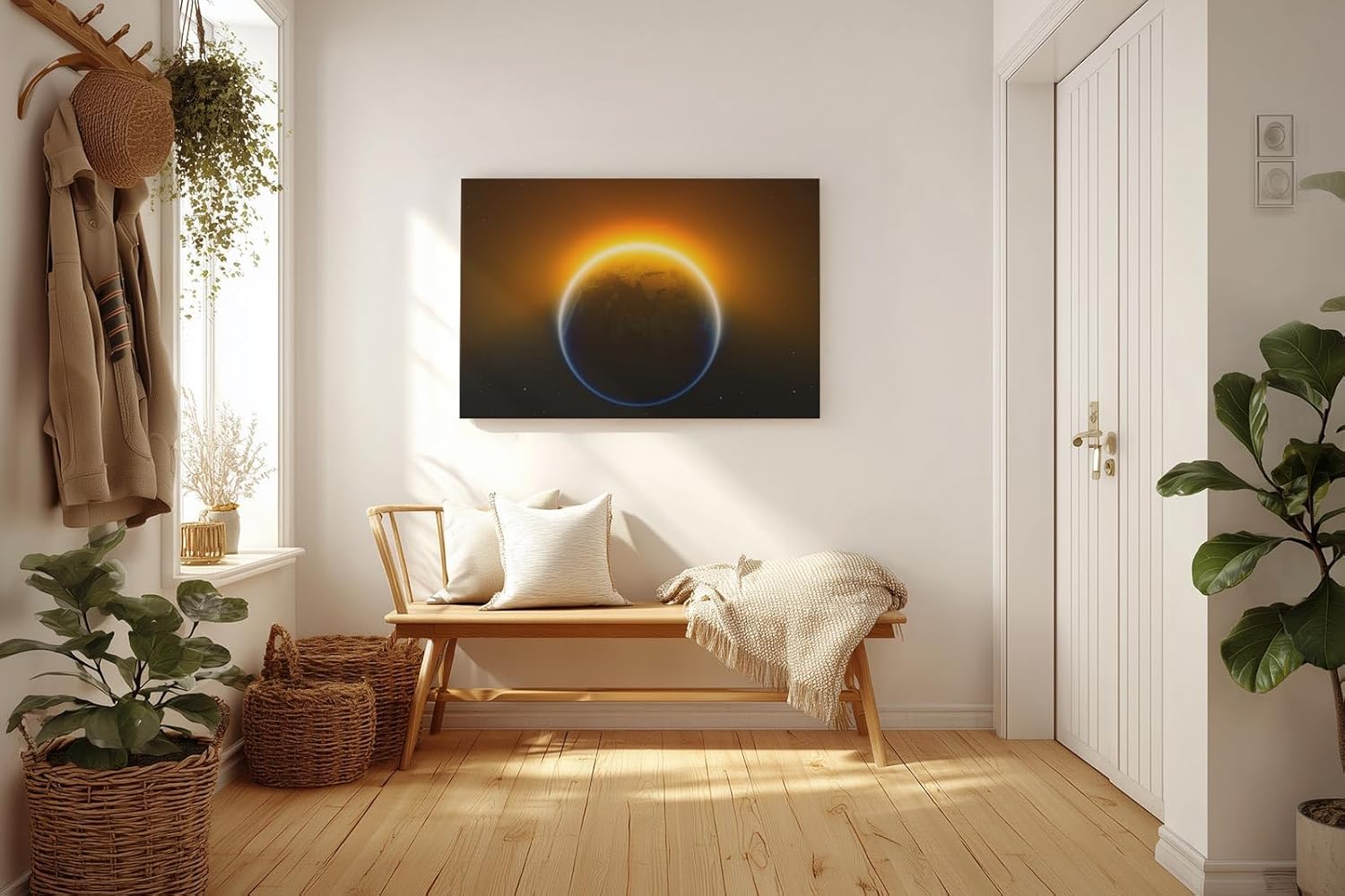 Sinus Art Wandbild 120x80cm Die aufgehende Sonne hinter der Erde erzeugt ein imposantes Lichtspiel im All