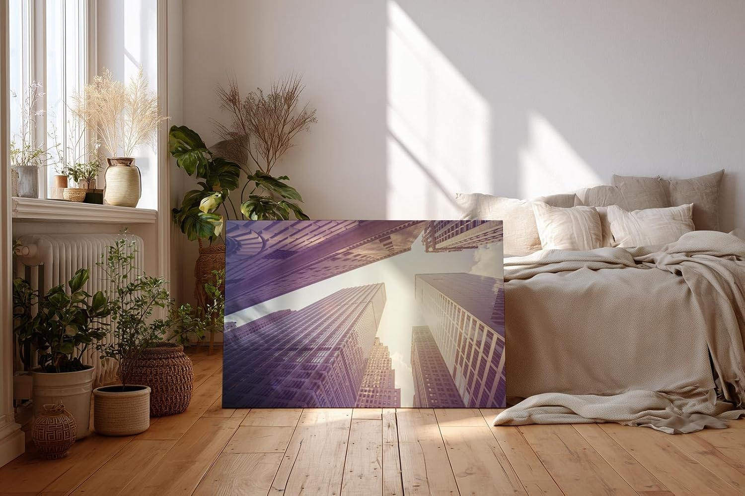 Sinus Art Wandbild 120x80cm Gigantische Hochhäuser treffen auf strahlenden Himmel im vertikalen Blickwinkel