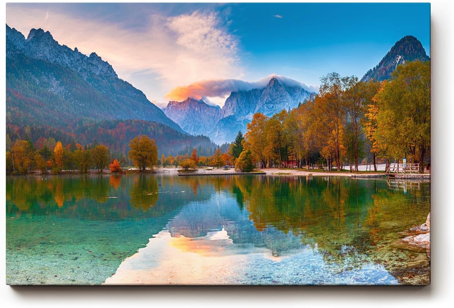 Sinus Art Wandbild 120x80cm Bunt gefärbter Herbstwald am See mit Spiegelung vor alpiner Kulisse für harmonische Raumwirkung