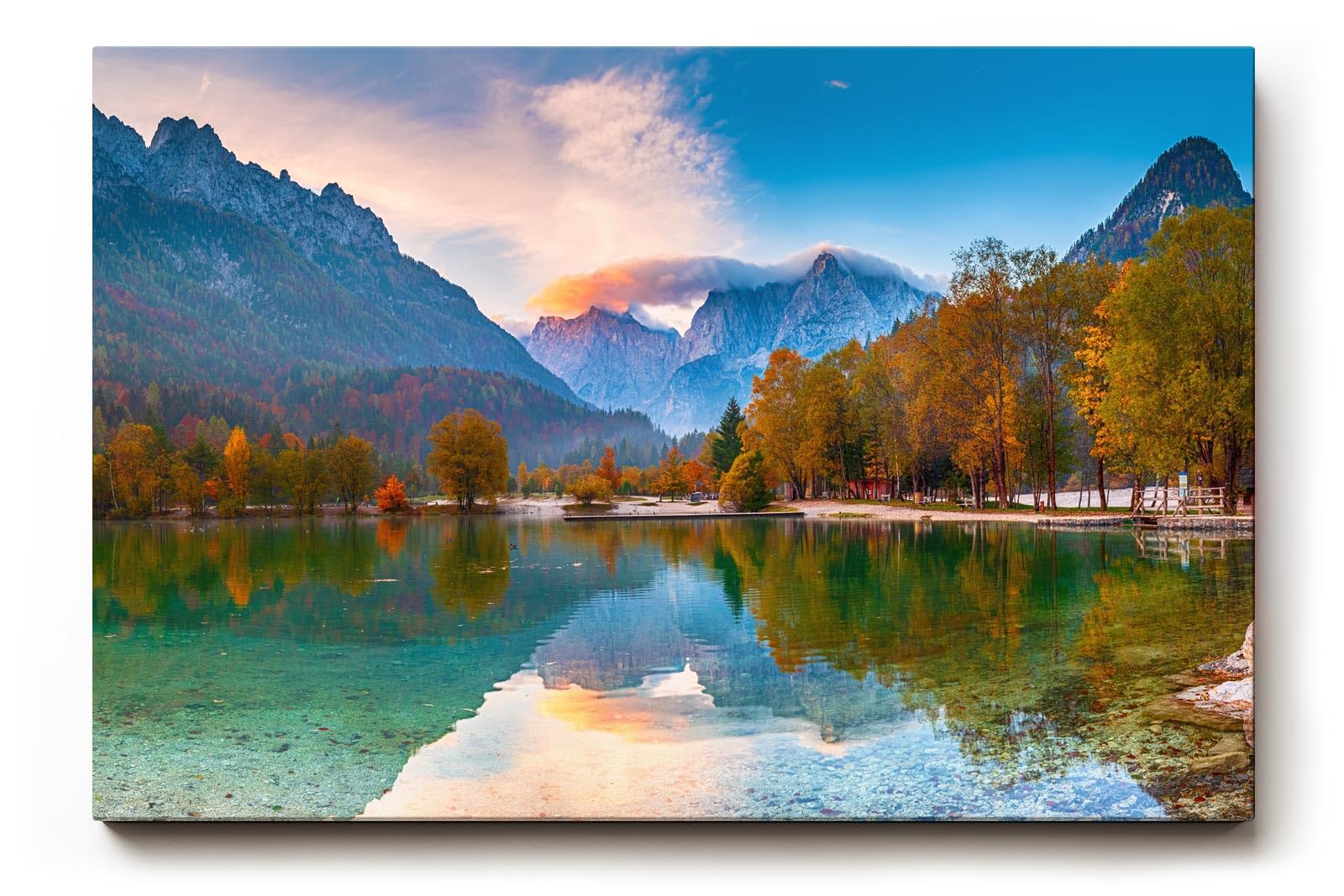 Sinus Art Wandbild 120x80cm Bunt gefärbter Herbstwald am See mit Spiegelung vor alpiner Kulisse für harmonische Raumwirkung