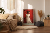 Paul Sinus Wandbild in 40x60cm Frau in weißem Kleid vor roter Wand – modernes Porträt mit ausdrucksstarker Komposition
