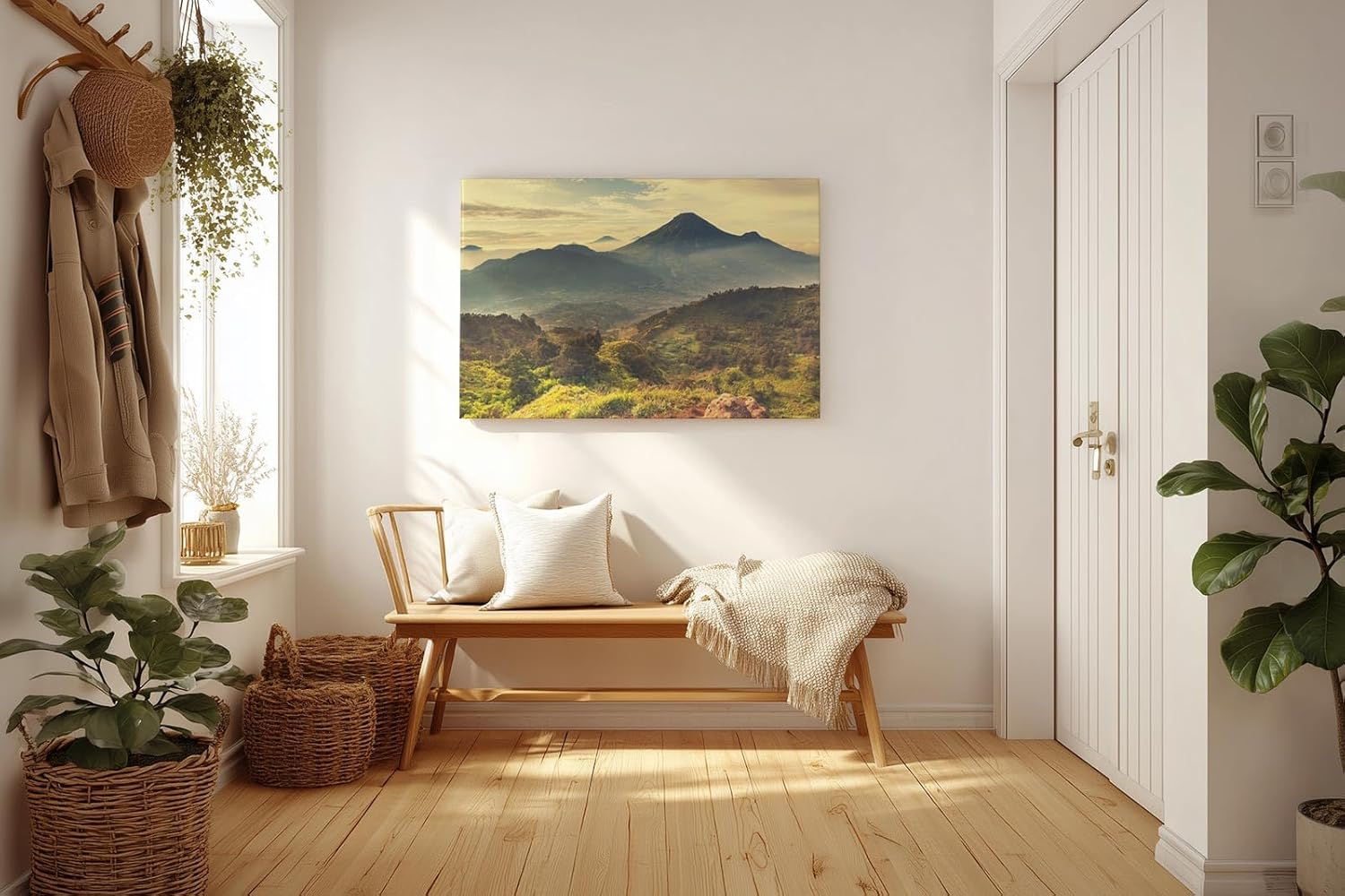 Sinus Art Wandbild 120x80cm Mächtiger Vulkan in weiter Gebirgslandschaft mit grünen Hügeln und aufgehender Sonne
