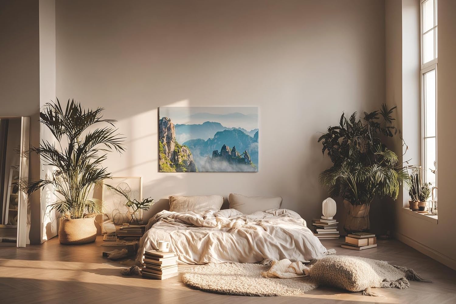 Sinus Art Wandbild 120x80cm Zerklüftete Bergformationen im Nebelmeer für eine ruhige und geheimnisvolle Raumwirkung