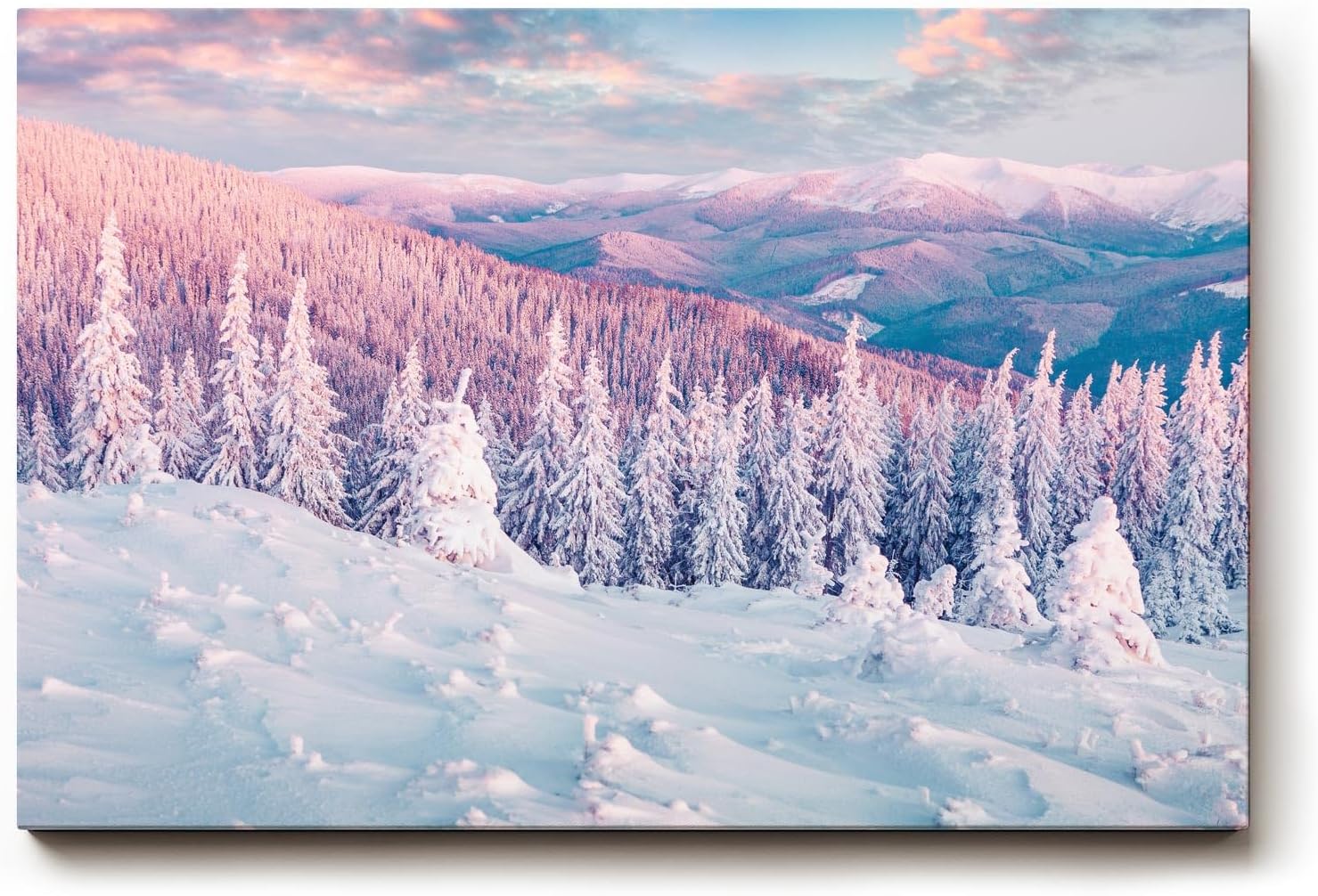 Sinus Art Wandbild 120x80cm Pastellfarbene Winterlandschaft mit verschneiten Bäumen und stiller Weite