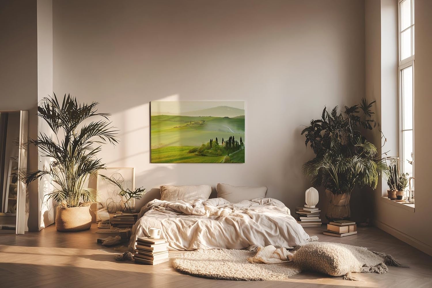 Sinus Art Wandbild 120x80cm Traumhafte Aussicht über die grünen Hügel der Toskana im frühen Sonnenlicht