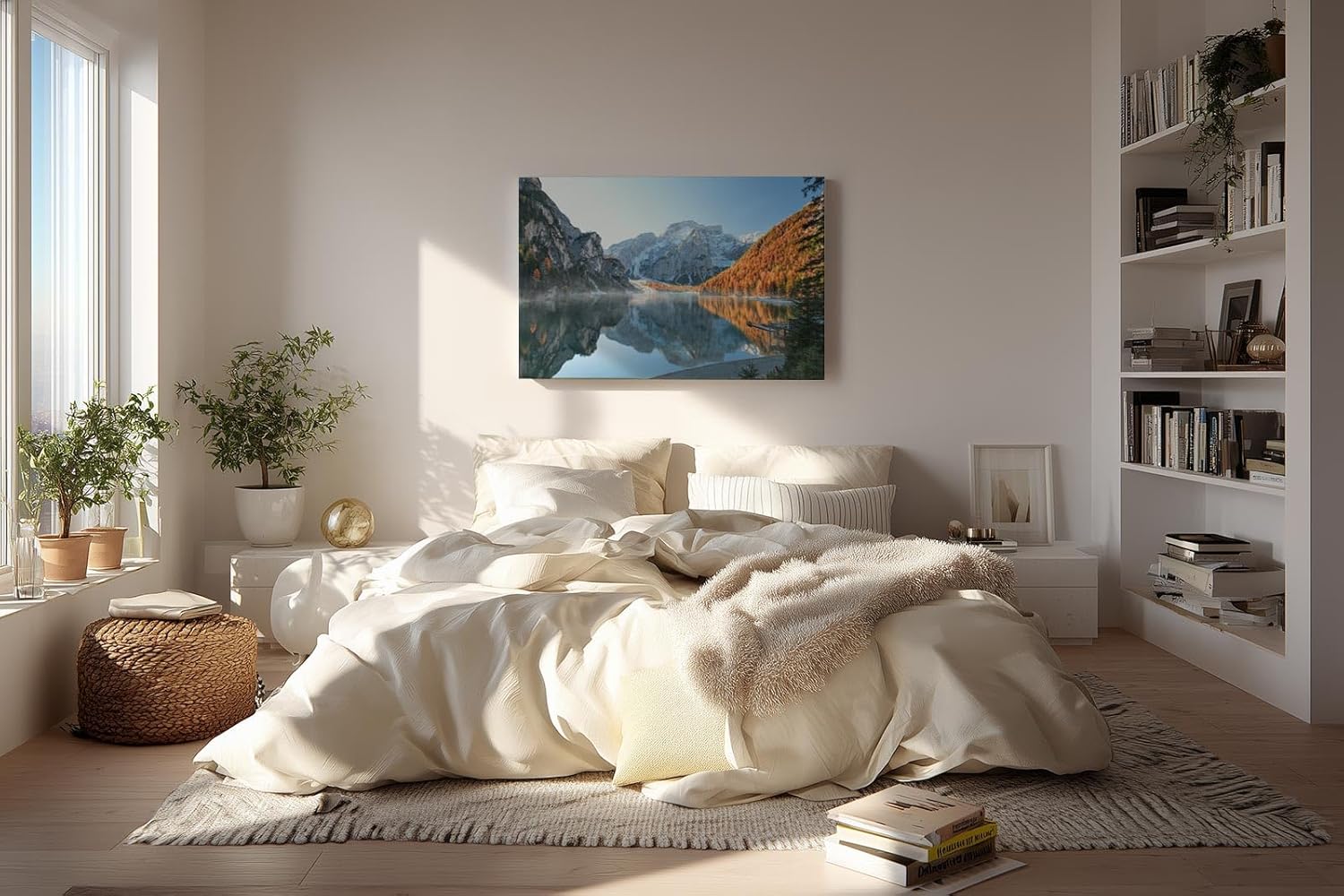 Sinus Art Wandbild 120x80cm Spiegelglatter See vor verschneiten Bergen und herbstlich gefärbtem Wald