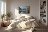 Sinus Art Wandbild 120x80cm Spiegelglatter See vor verschneiten Bergen und herbstlich gefärbtem Wald