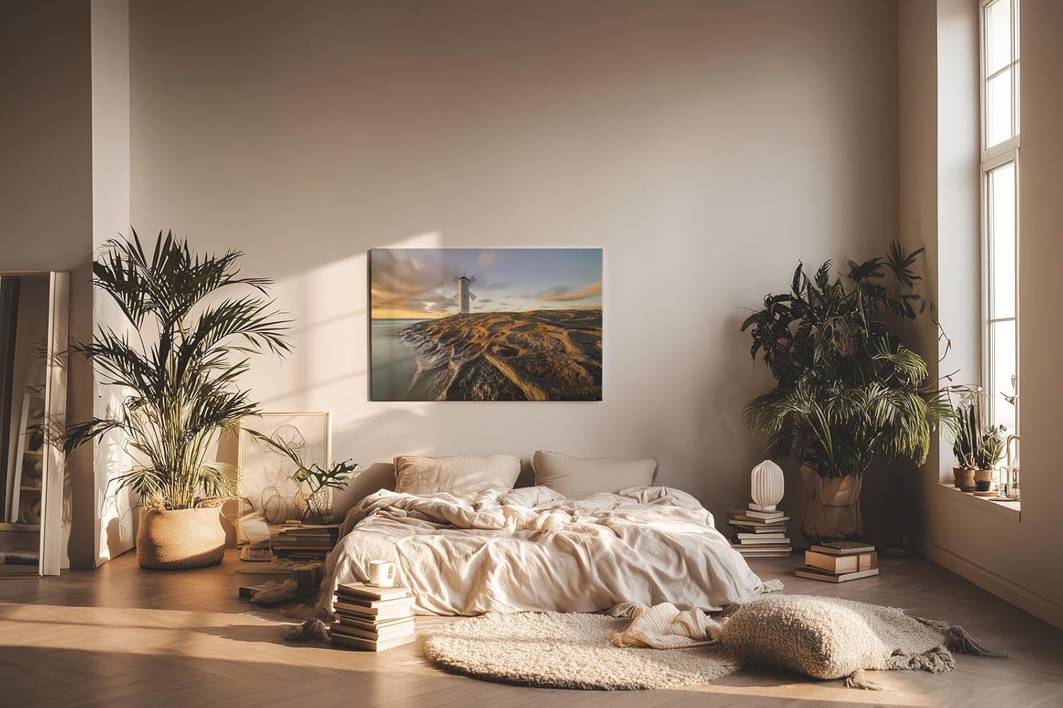 Sinus Art Wandbild 120x80cm Faszinierendes Motiv eines Leuchtturms auf strukturierten Felsen im Abendlicht