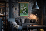 Paul Sinus Wandbild in 40x60cm Quiet Blossoms zartes Stillleben mit weißen Chrysanthemen in weißer Vase vor grünem Hintergrund