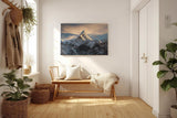 Sinus Art Wandbild 120x80cm Massiver schneebedeckter Berg ragt in dramatisches Lichtspiel – eindrucksvoll und still