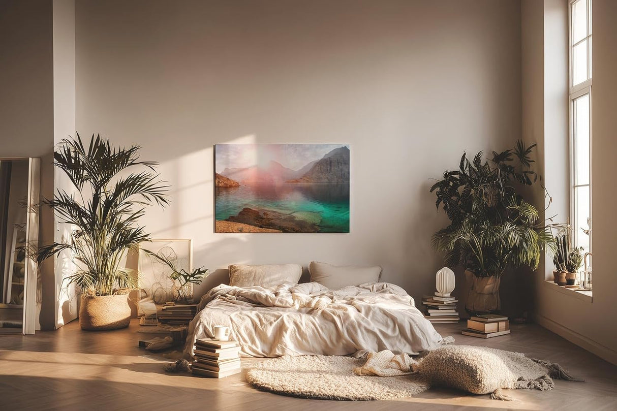 Sinus Art Wandbild 120x80cm Faszinierende Felslandschaft mit türkisfarbenem Wasser und warmem Lichtspiel