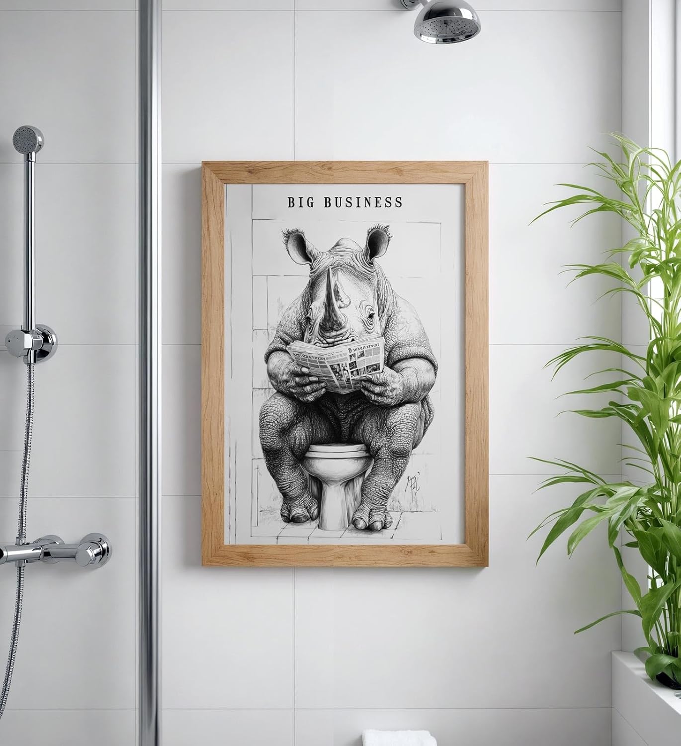 Paul Sinus Poster/Leinwandbild/Rahmenoption – Nashorn auf Toilette „Big Business“ – Lustige WC-Deko für dein Badezimmer